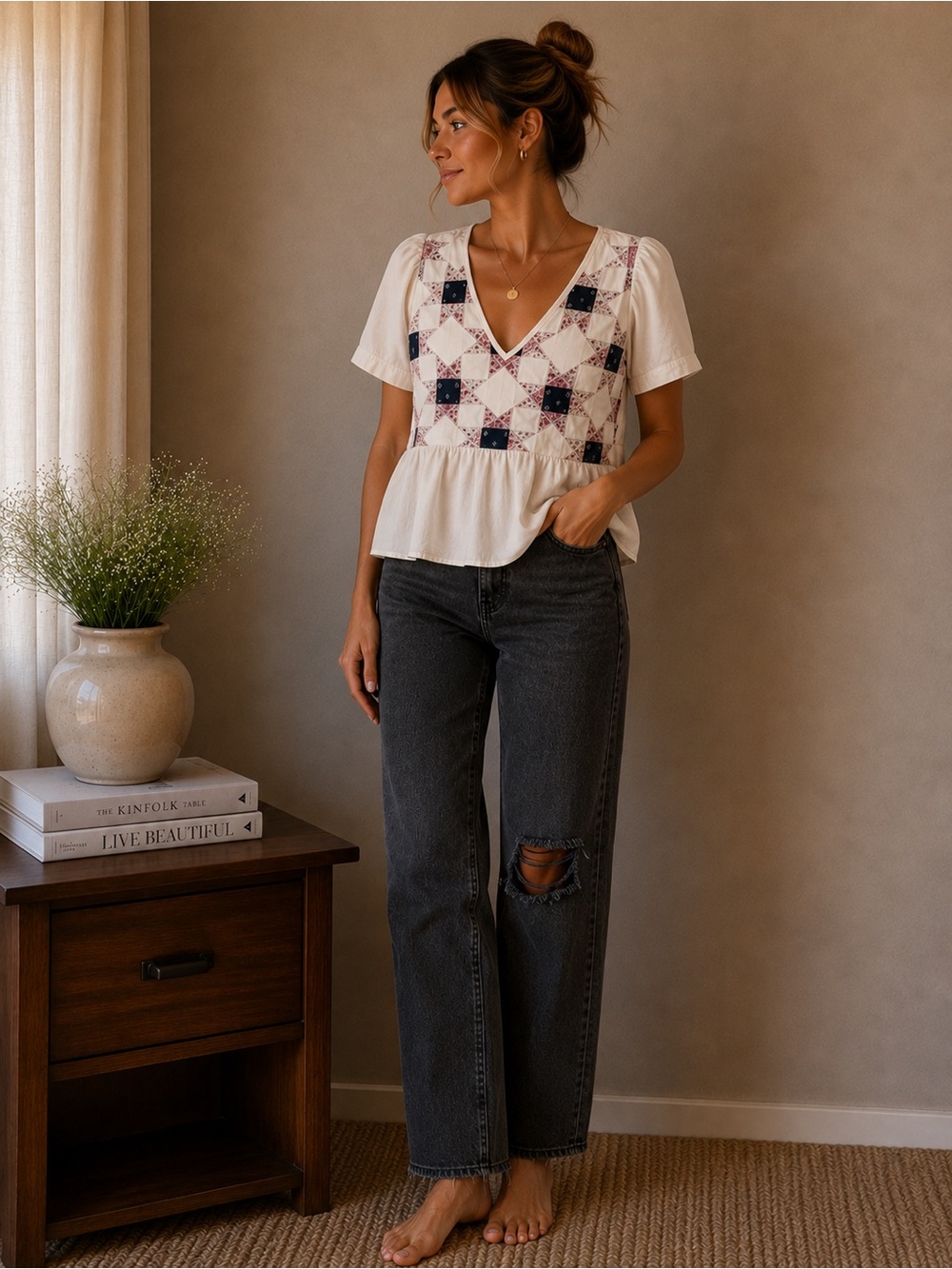 Madewell Light Pink Quilt Patchwork V-Neck Peplum Blouse